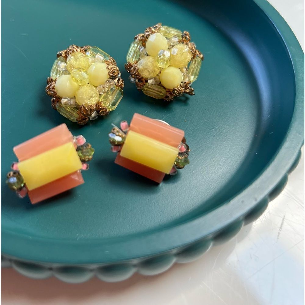 2 Pairs Vintage 1940s Sunshine Yellow Germany Lucite Bead Cluster Clip Earrings